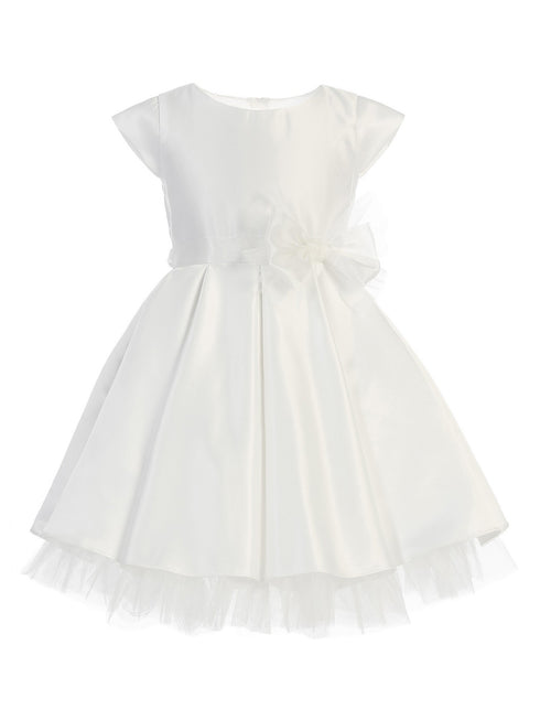 Sweet Kids Little Girls White Full Pleated Satin Bow Flower Girl Dress 2-6 - SophiasStyle.com